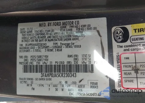 2012 Ford Fusion Sel z USA, uszkodzony, nr VIN 3FAHP0JA5CR230343